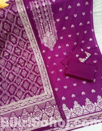 কাতান স্ক্রিন প্রিন্ট থ্রি পিস (সাদা গ্লিটার)